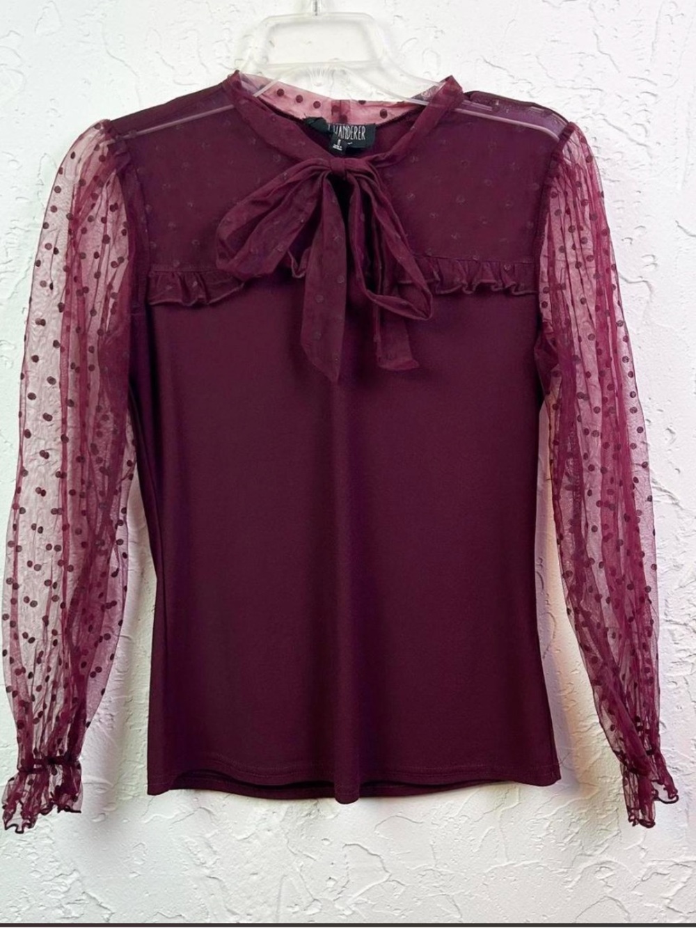 Burgundy Mesh Sleeve Tie Collar Blouse Size Medium